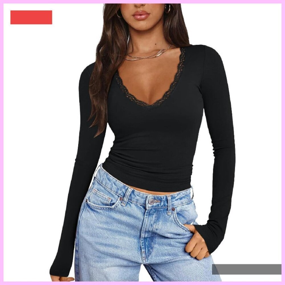 Long Sleeve V Neck Lace Fitted Top Y2K Trendy Fall Basic